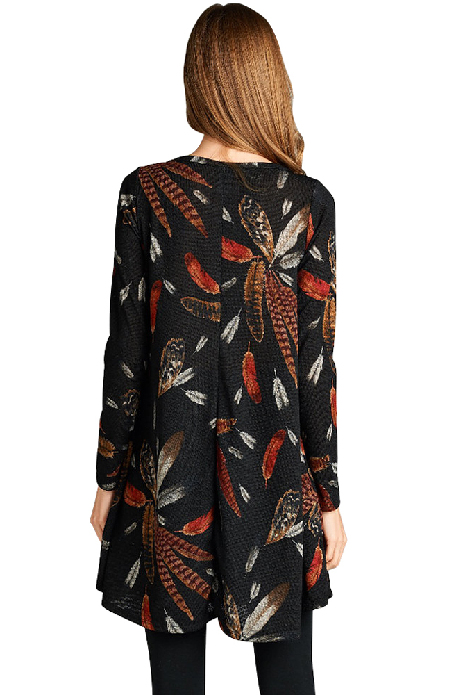 BY220210-2 Black Feather Graphic Pocket Tunic Dress